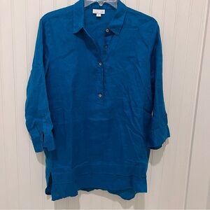 Women's Teal Linen Small Tunic Button-Up Top Coastal